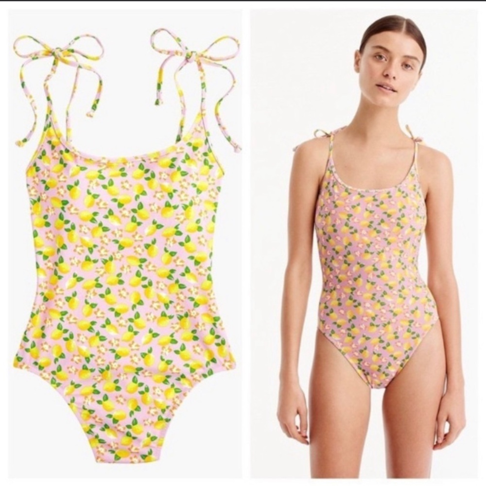 J. Crew Lemon Floral Shoulder Tie One Piece Swimsuit Pink Yellow Green Size 12